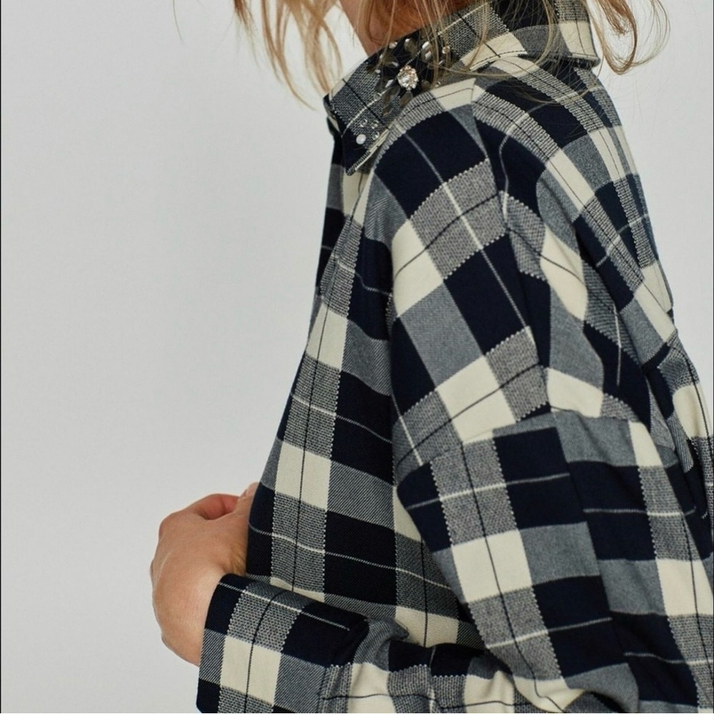 Zara Oversized Plaid Shirt Dress w/ Jeweled Collar Black and Ivory size Large - Picture 2 of 9